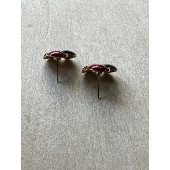 Vintage Red Black & White Enamel Knot Clip-On Earrings Gold-Tone Finish - Picture 10 of 15